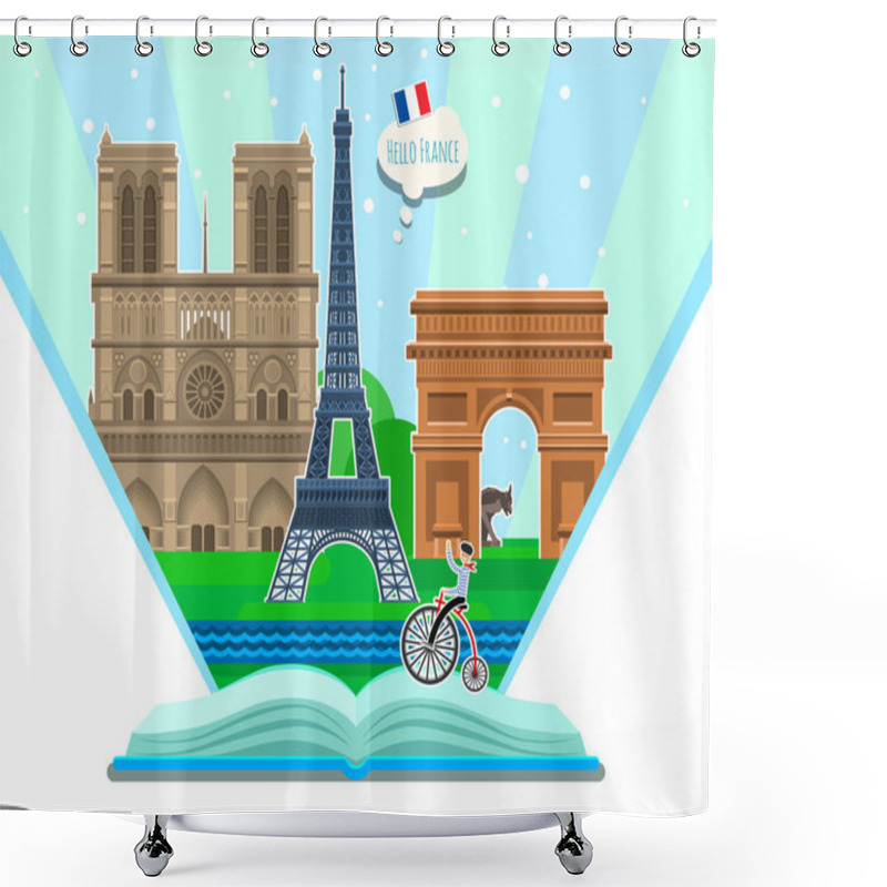 Personality  Concept Of Travel And Tourism. Open Book With Landmarks. Shower Curtains