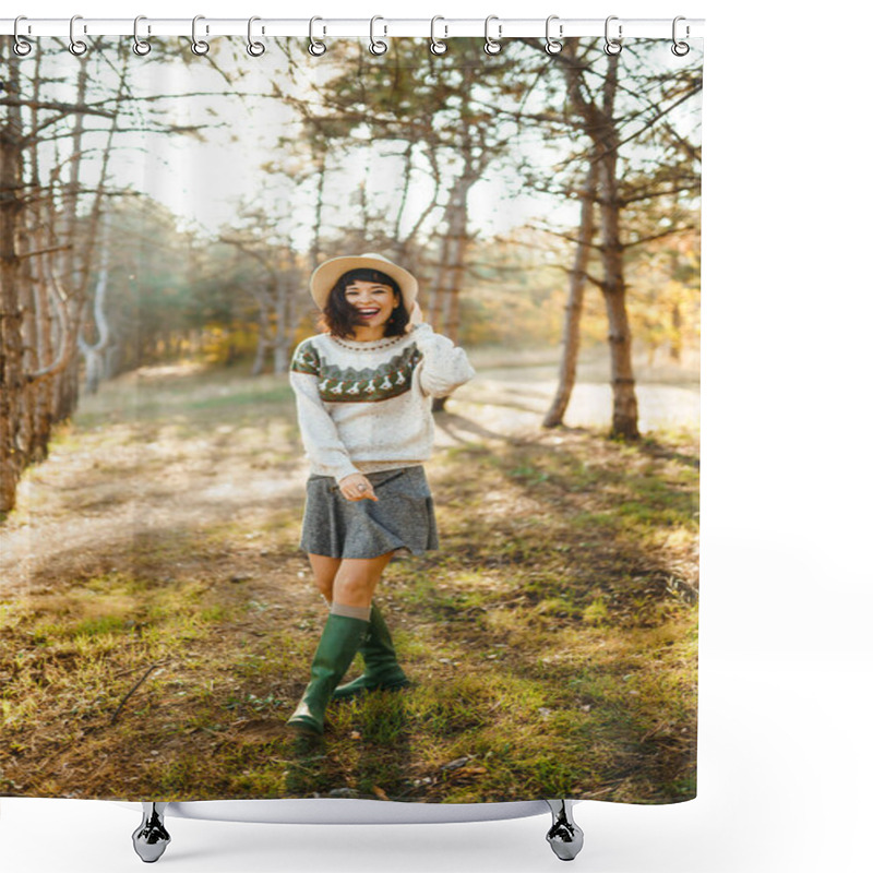 Personality  Lovely Girl With A Beautiful Smile At Sunset In The Forest. The Girl Is Dressed With A Hat, A Light Sweater And A Skirt. Knee-high Boots. Hipster Girl Concept, Lifestyle Style, Autumn Style. Shower Curtains