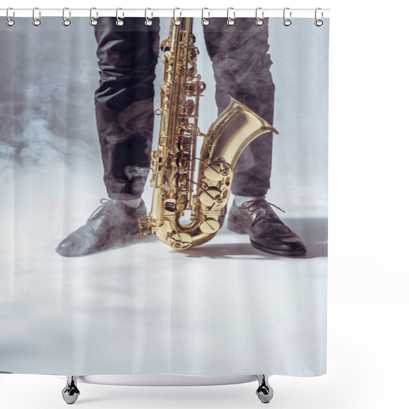 Personality  Partial View Of Young Musician Standing With Saxophone In Smoke On Grey     Shower Curtains