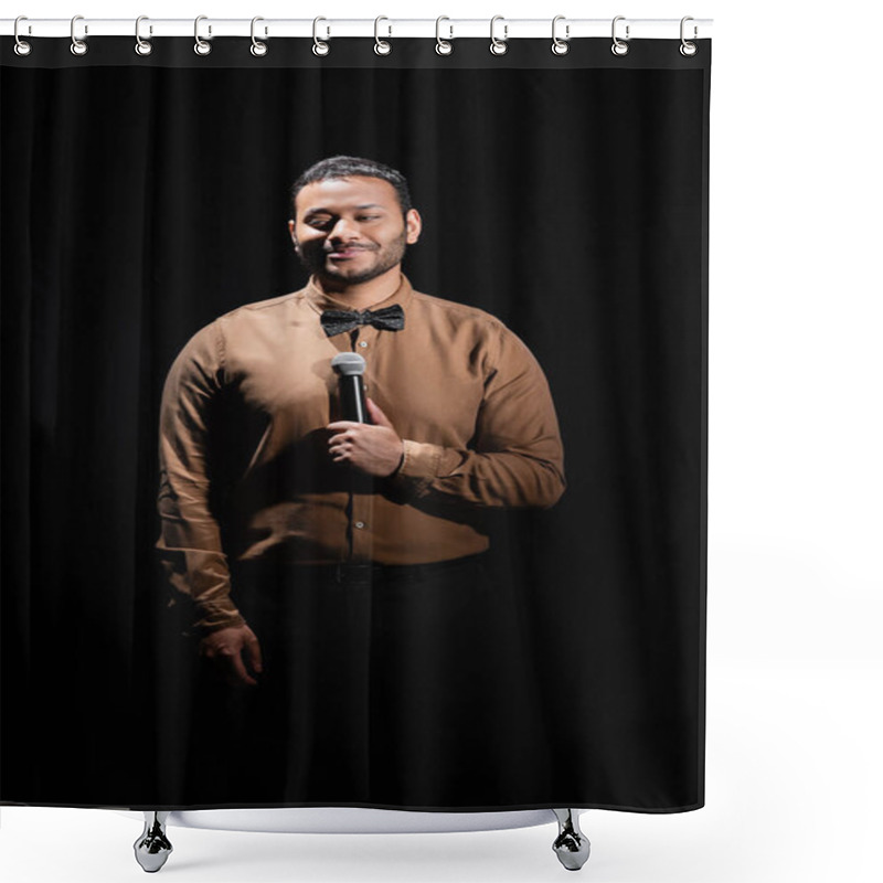 Personality  Smiling Middle East Comedian Performing Stand Up Comedy Into Microphone On Black  Shower Curtains