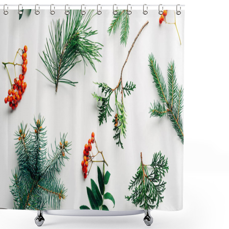 Personality  Flat Lay With Winter Arrangement Of Pine Tree Branches And Sea Buckthorn On White Backdrop Shower Curtains