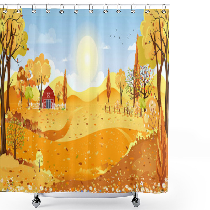 Personality  Autumn Panorama Landscape Farm Field With Blue Sky,Panorama View Autumn Rural Countryside With Yellow,orange Foliage,Vector Cartoon Fall Season With Copy Space For Banner Background Shower Curtains