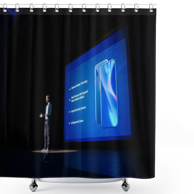 Personality  Live Event With Brand New Products Reveal: Speaker Presents Smartphone Device To Audience. Movie Theater Screen Shows Mock-up Touch Screen Mobile Phone With High-Tech Features And Top Highlights Shower Curtains