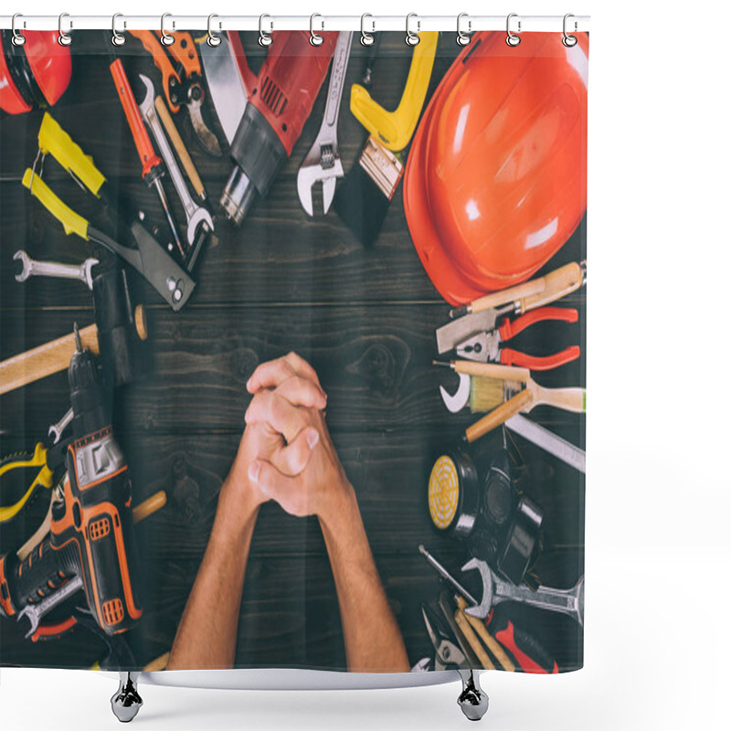 Personality  Partial View Of Hands In Lock And Carpentry Equipment Around On Wooden Surface Shower Curtains