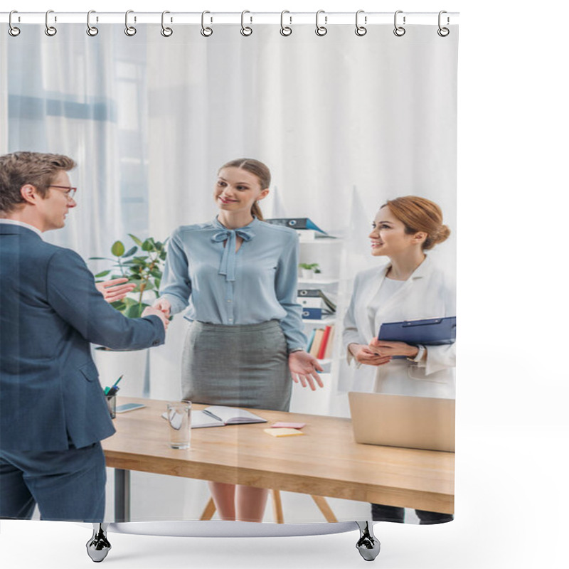 Personality  Cheerful Employee Shaking Hands With Happy Recruiter Near Colleague In Office Shower Curtains