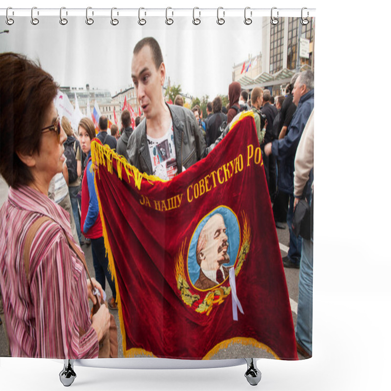 Personality  An Opposition Supporter Holds A Soviet Era Flag Shower Curtains