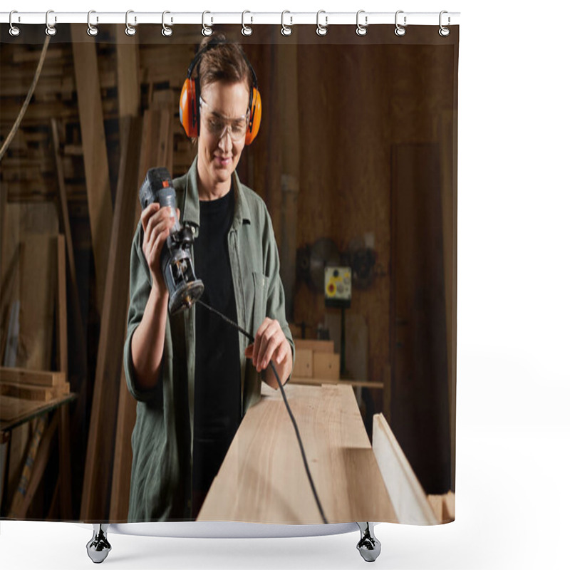 Personality  A Skilled Carpenter Uses A Router To Craft Wood With Precision In Her Vibrant Workshop. Shower Curtains