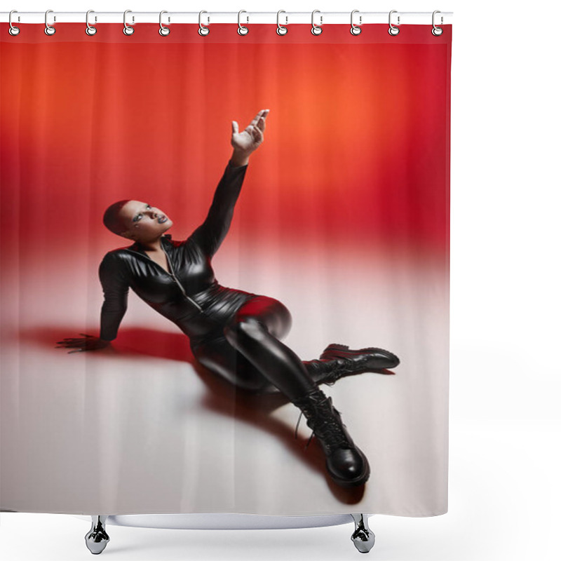 Personality  Bold Young Woman With Short Pink Hair And A Nose Piercing Strikes A Confident Pose In A Studio Setting. Shower Curtains