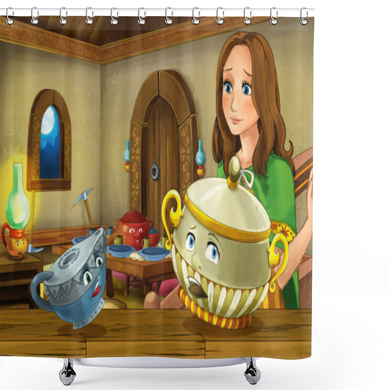 Personality  Cartoon Scene With Old Traditional Kitchen With Magical Living Dishes And Young Girl Princess - Illustration For Children Shower Curtains