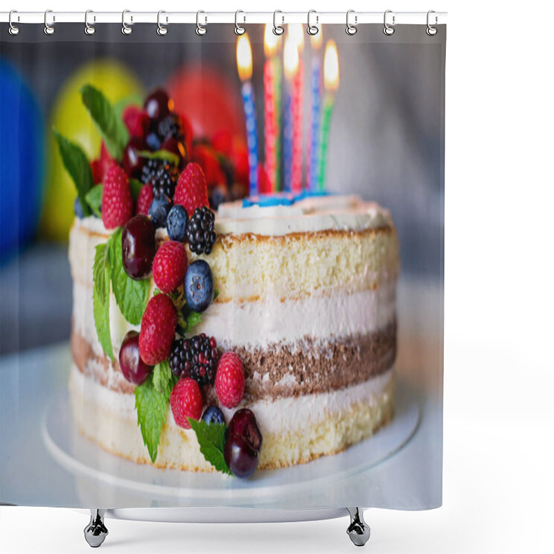 Personality  Homemade Kids Birthday Cake With Lots Of Fruits On Top, Cherries Shower Curtains