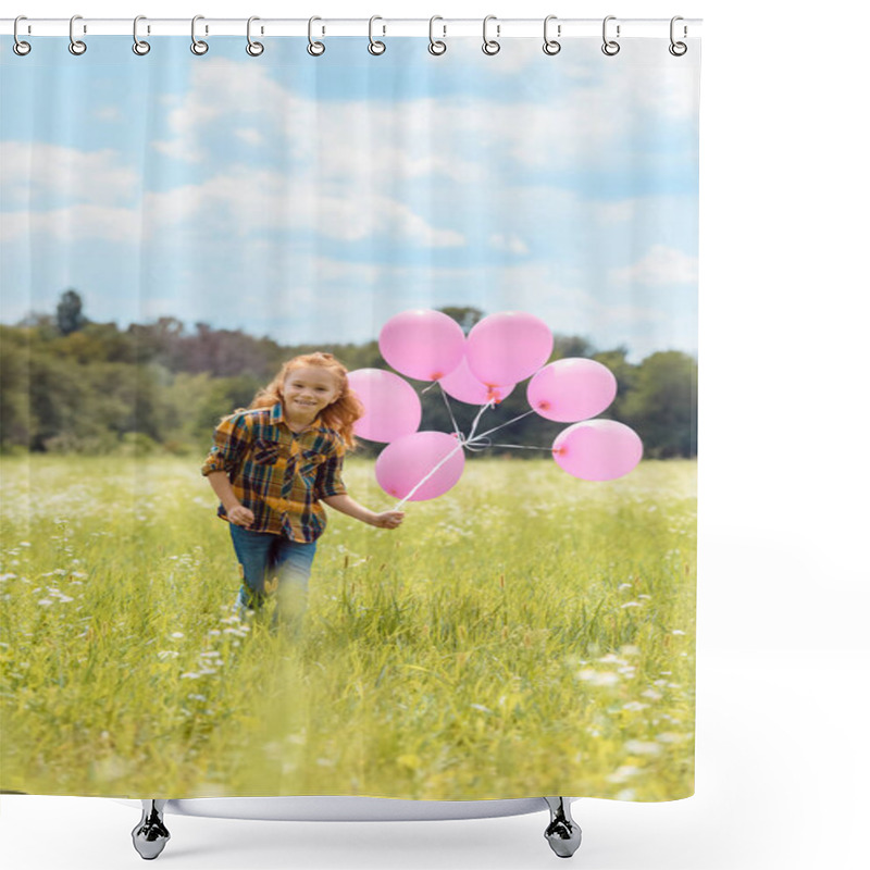 Personality  Cheerful Kid With Pink Balloons In Hand Running In Meadow Shower Curtains