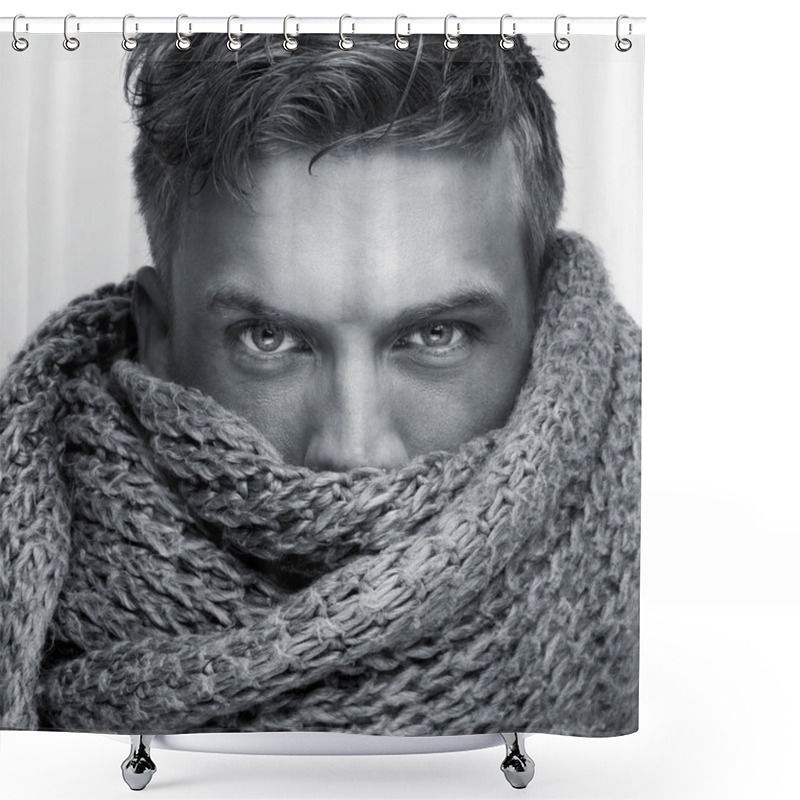 Personality  Portrait Of A Fashion Model Face Covered By Scarf Shower Curtains