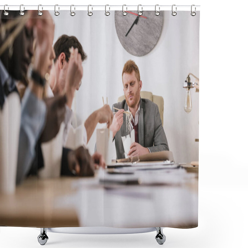 Personality  Group Of Businesspeople Eating Noodles Together At Office With Boss Shower Curtains