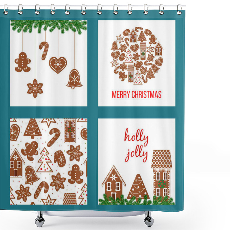 Personality  Christmas Set. Xmas Theme In Boarded Squares With Gingerbread Shower Curtains