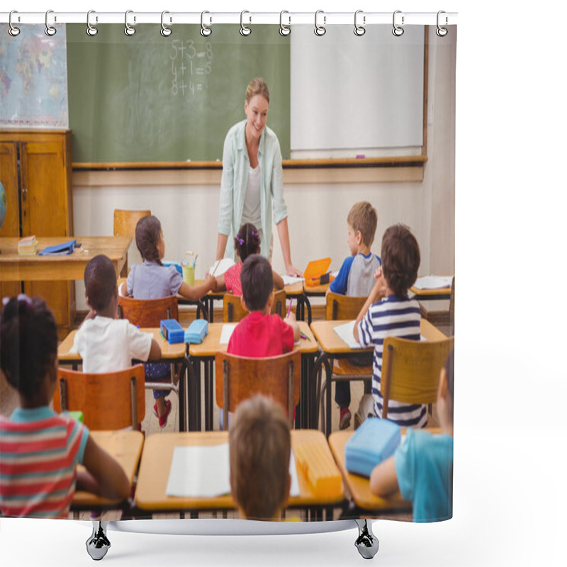 Personality  Pretty Teacher Talking To The Young Pupils In Classroom Shower Curtains