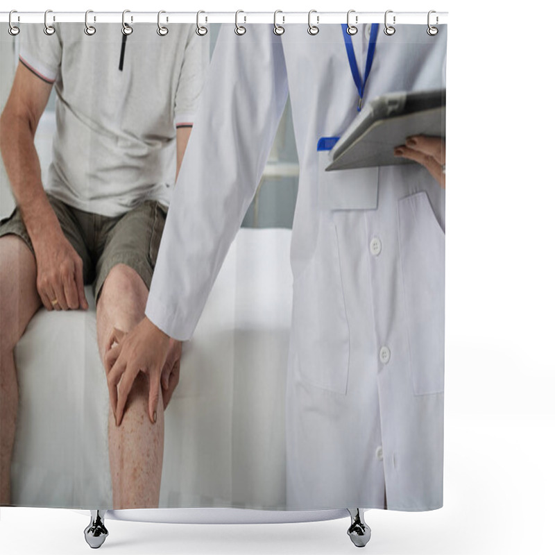 Personality  Doctor Palpating Leg Of Man After Injury Shower Curtains