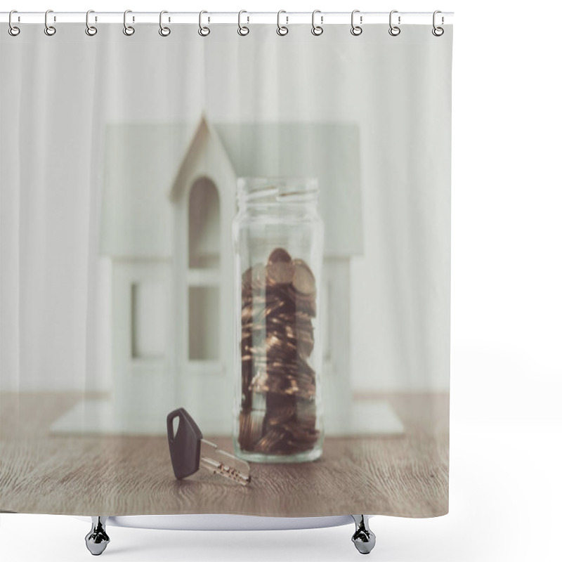 Personality  Key Near Jar Of Coins On Table With Small House On Background, Saving Concept Shower Curtains