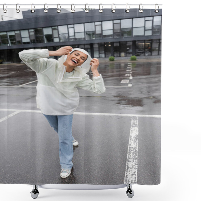 Personality  Full Length Of Excited African American Woman In Waterproof Raincoat And Jeans Having Fun During Rain  Shower Curtains