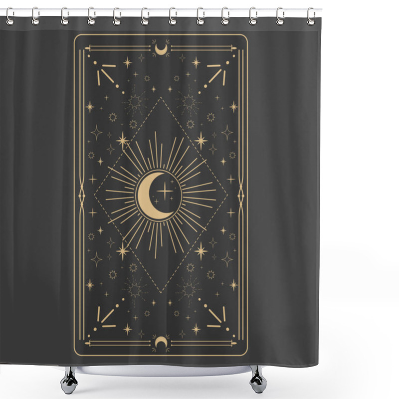 Personality  Tarot Reverce Border Magic Sacred Cover Card Frame Gold Line Border Celelstial Mystery Esoteric Decoration With Stars And Moon On Dark Background. Vector Illustration Shower Curtains