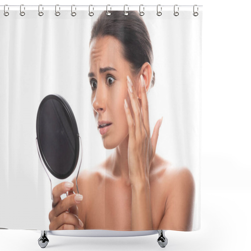 Personality  Shocked Nude Brunette Young Woman Looking In Mirror And Touching Face Isolated On White Shower Curtains