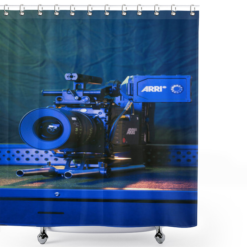 Personality  Kyiv, Ukraine - 04.17.2020: Studio Shoot Of Professional Video Camera Arri Alexa Mini LF With Lens, Close-up. Professional Equipment For Cinematographer, Movie Technology Shower Curtains