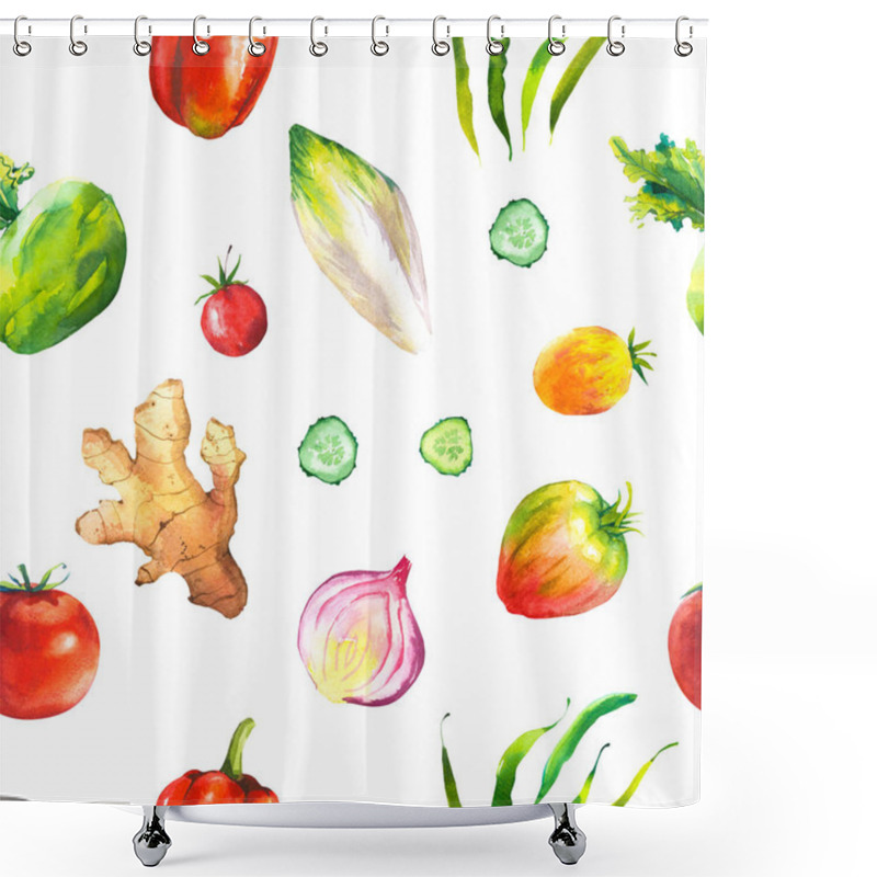 Personality  Watercolor Illustration With Composition Of Farm Grown Products. Seamless Pattern On Black Background . Vegetables Set: Ginger Root, Green Beans, Tomato, Onion, Kohlrabi. Fresh Organic Food. Shower Curtains