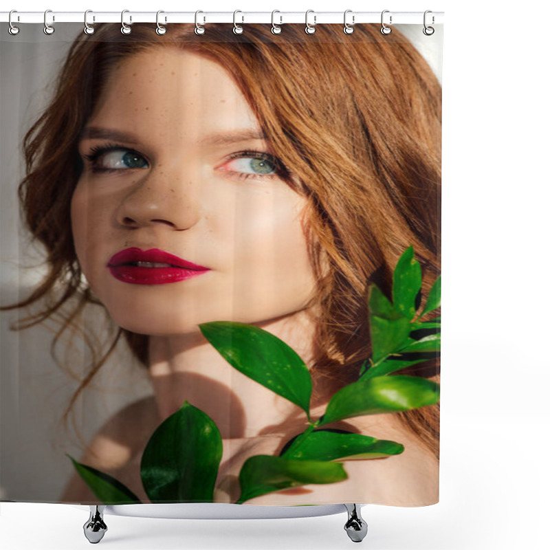 Personality  Beautiful Young Redhead Woman Posing With Plant And Looking Away Shower Curtains