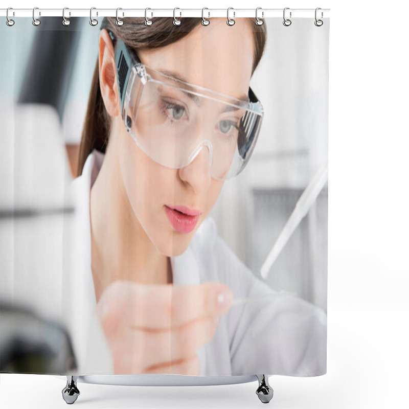 Personality  Female Scientist In Protective Glasses  Shower Curtains