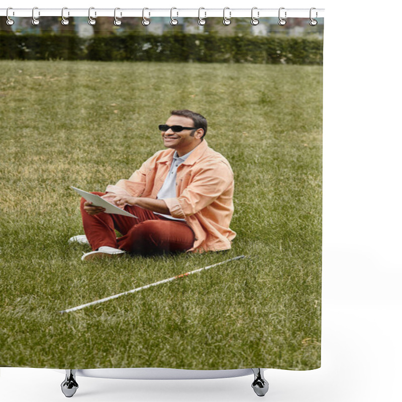 Personality  Jolly Indian Blind Man In Orange Vivid Jacket Sitting On Grass With Glasses And Reading Braille Code Shower Curtains