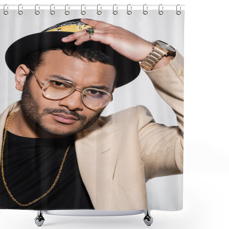 Personality  Portrait Of Eastern Hip Hop Performer In Eyeglasses Adjusting Fedora Hat Isolated On Grey Shower Curtains