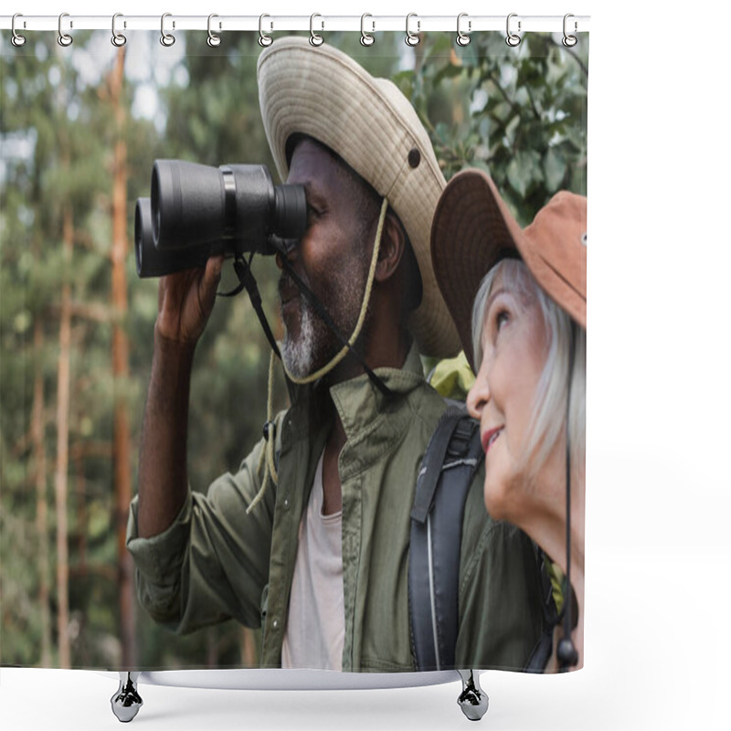 Personality  African American Hiker Looking Though Binoculars Near Smiling Wife  Shower Curtains