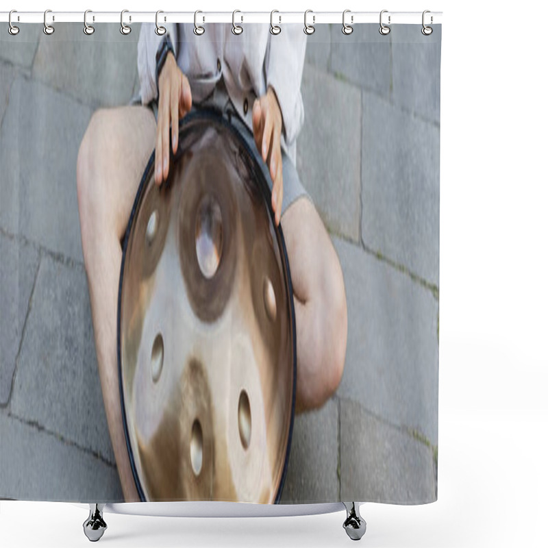 Personality  Cropped View Of Man Playing Hang Drum On Urban Street, Banner  Shower Curtains