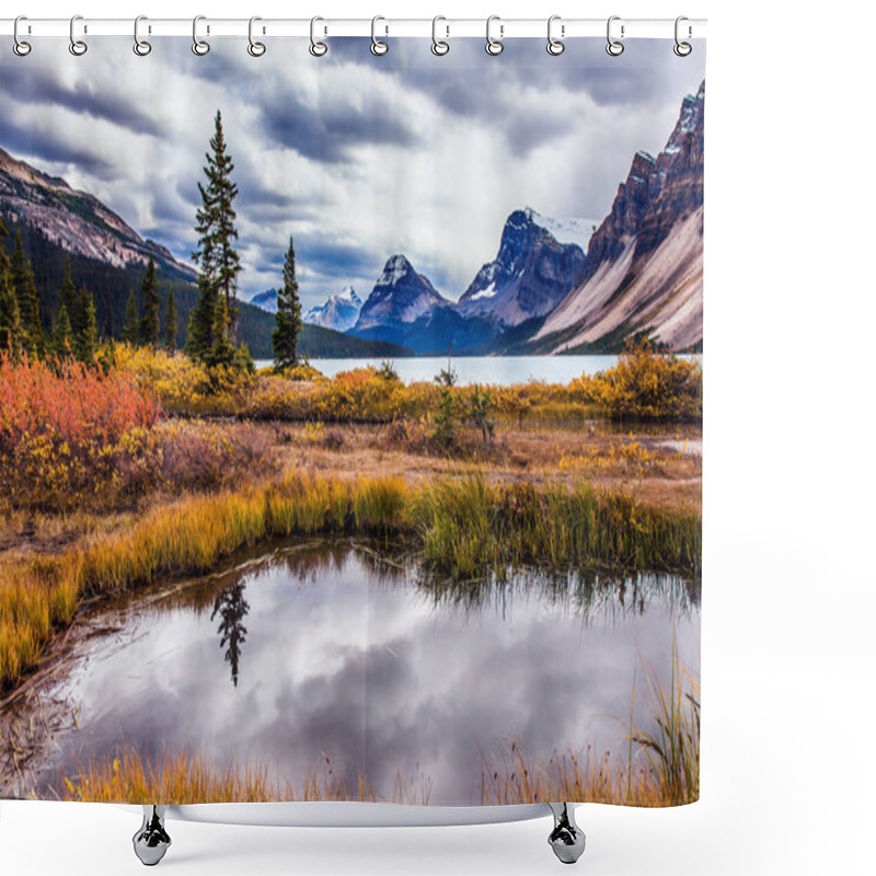 Personality  The Rockies Of Canada. Red, Yellow And Orange Autumn Grass On The Shores Of The Bow Lake. Small Picturesque Puddle Reflects The Cloudy Sky. The Concept Of Active, Environmental And Photo Tourism Shower Curtains