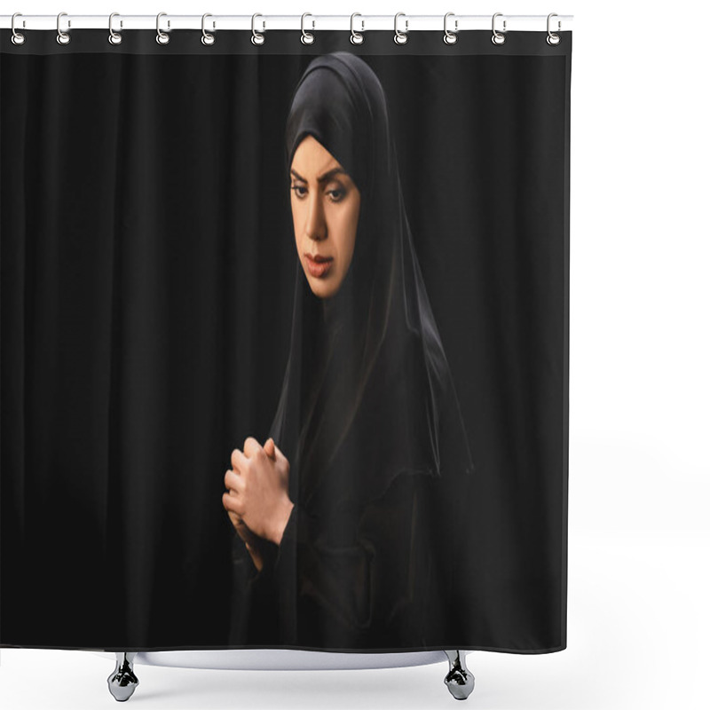 Personality  Side View Of Upset Muslim Woman In Hijab With Clenched Hands Isolated On Black  Shower Curtains