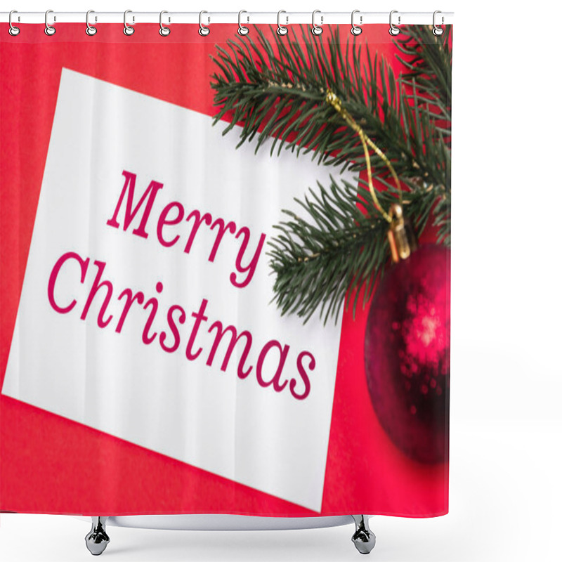 Personality  Merry Christmas Card And Decoration On Red Background Shower Curtains