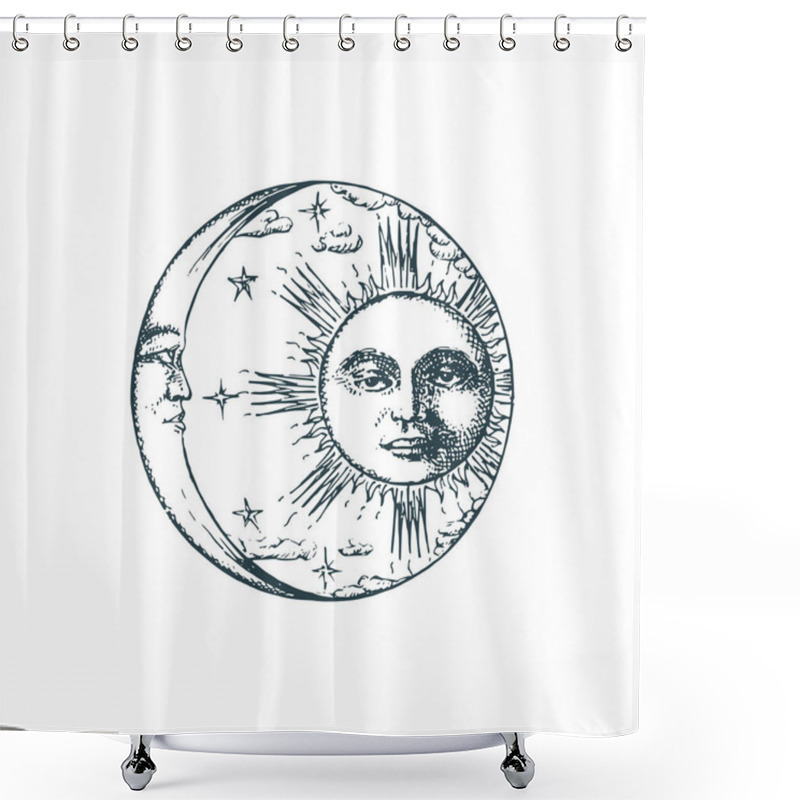 Personality  Sun, Crescent In Engraving Style. Vector Drawing. Shower Curtains