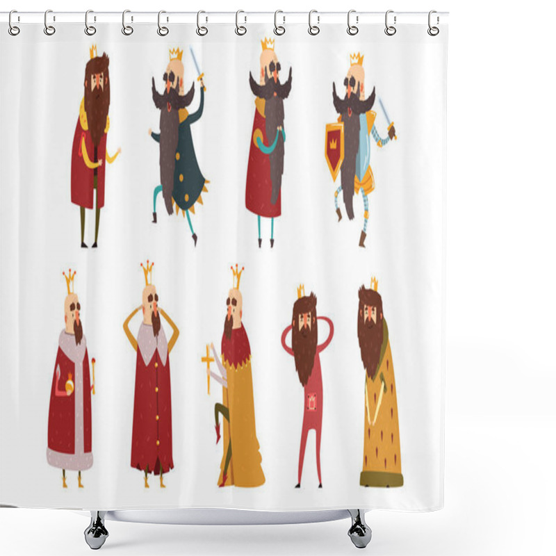 Personality  Set Of Different Funny Bearded Kings In Different Actions. Old Men Wearing Gold Crowns, Mantels And Armor. Rulers Of Kingdoms. Cartoon Characters. Flat Vector Design Shower Curtains