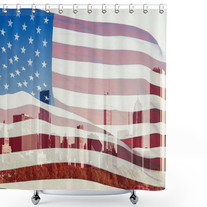 Personality  Double Exposure With The American Flag And The Skyscrapers Of Chicago, Illinois, USA. Concept Shower Curtains