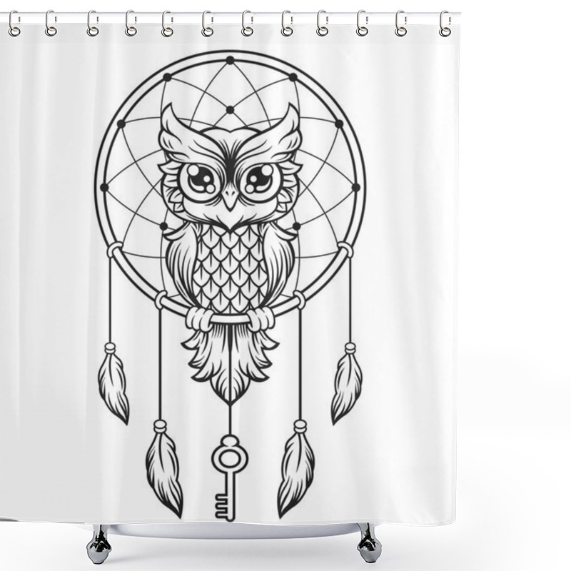 Personality  Dream-catcher Black And White Owl. Vector Line Illustration Shower Curtains