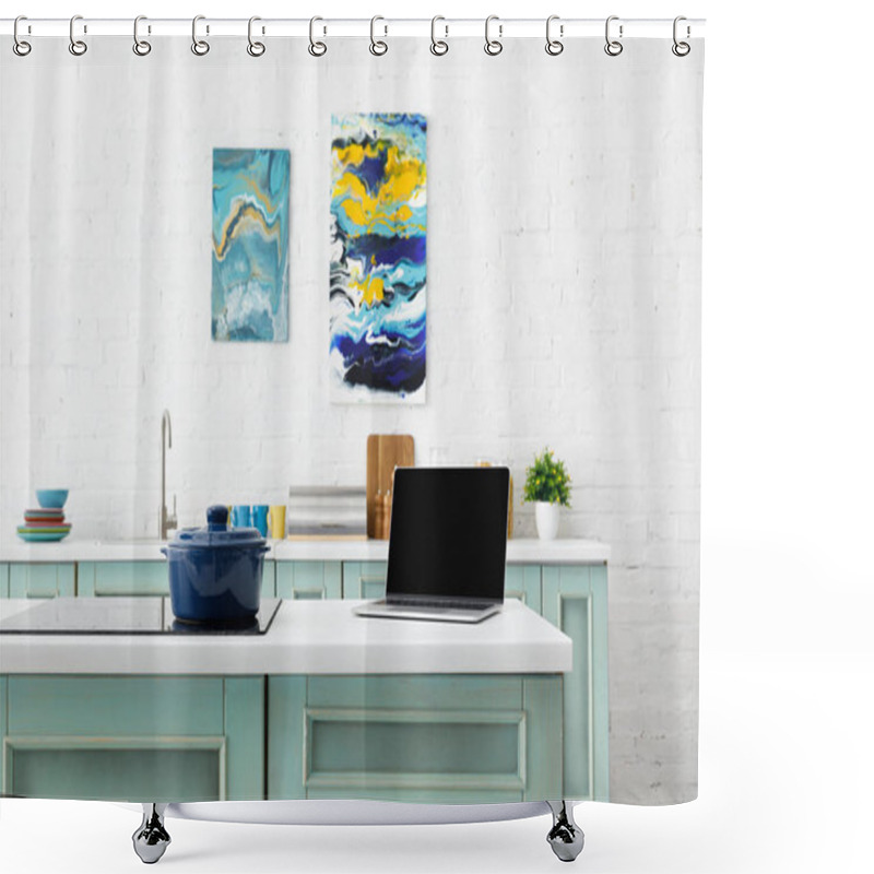 Personality  Selective Focus Of Laptop And Pot On Induction Cooktop With Kitchenware And Abstract Paintings On Background Shower Curtains