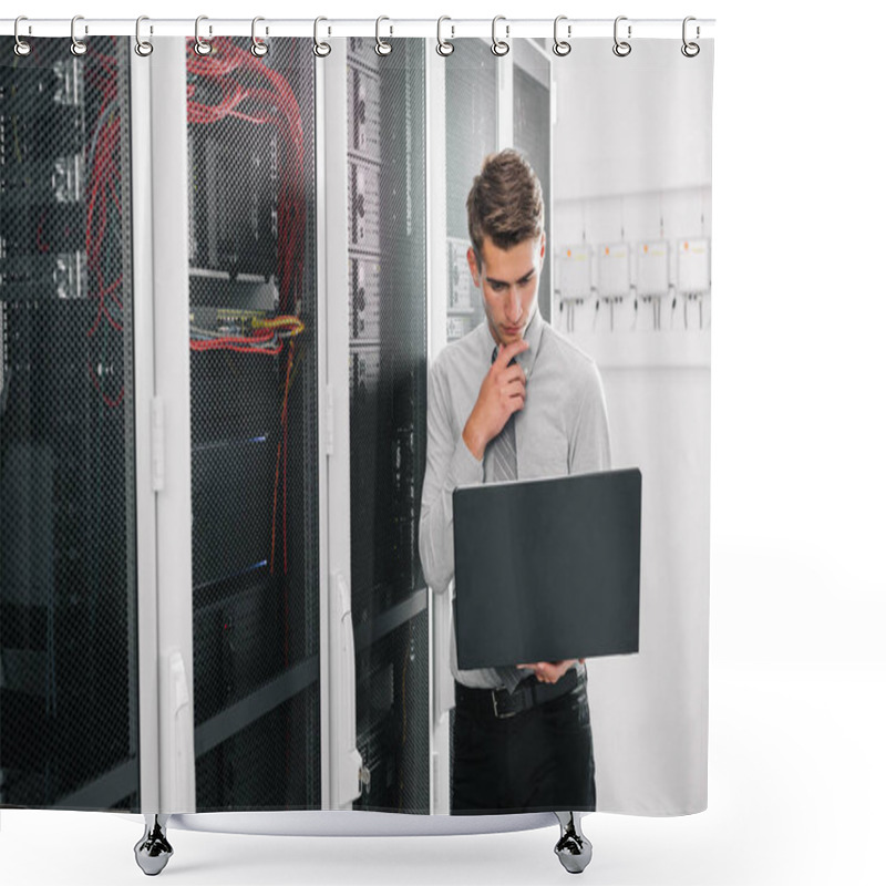 Personality  Portrait Of Modern Young Man Holding Laptop Standing In Server Room Working With Supercomputer Shower Curtains