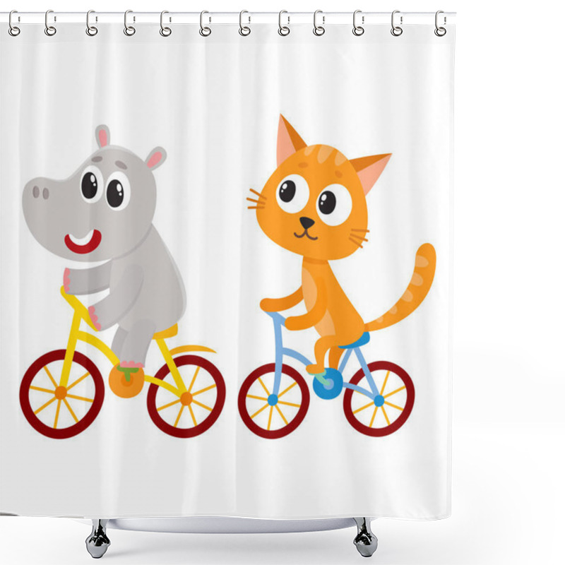 Personality  Cute Little Hippo And Cat, Kitten Characters Riding Bicycles Together Shower Curtains