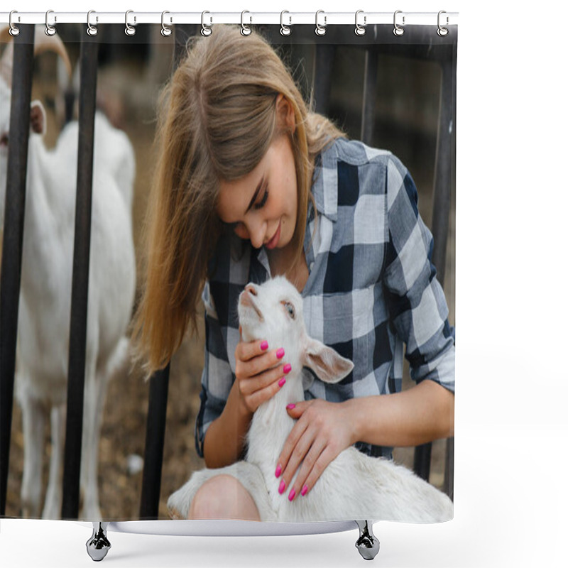 Personality  A Young Pretty Girl Poses On A Ranch With Goats And Other Animals. Agriculture, Livestock Breeding Shower Curtains