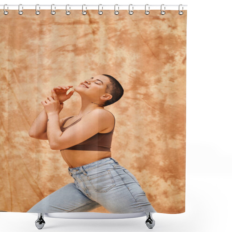 Personality  Denim Fashion, Gen Z, Happy Curvy Woman With Tattoo Posing On Mottled Beige Background, Body Positivity Movement, Self-esteem, Confidence, Short Haired Model, Youth Culture  Shower Curtains