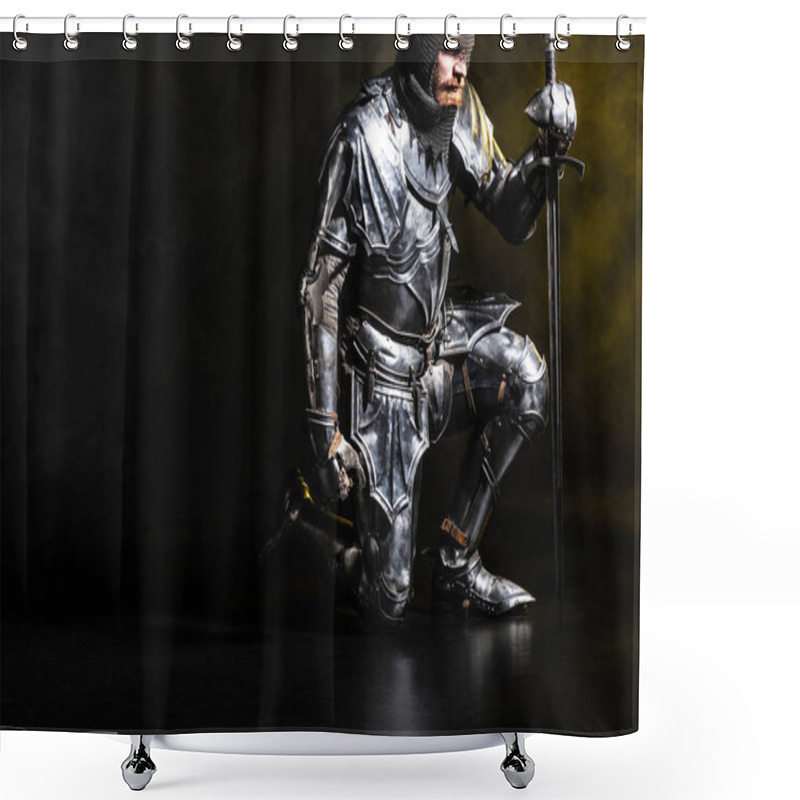 Personality  Handsome Knight In Armor Holding Sword And Bend Knee On Black Background Shower Curtains