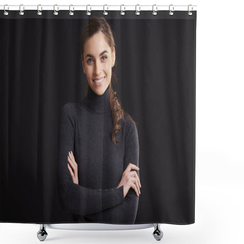 Personality  Close-up Studio Portrait Shot Of Beautiful Young Woman Wearing Roll Neck Sweater And Looking At Camera While Standing With Arms Crossed At Dark Background.  Shower Curtains