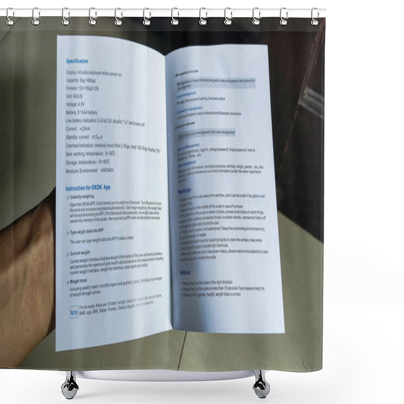 Personality  This Image Shows A Close-up View Of An Open Instruction Manual For An Okok App Digital Scale. The Pages Contain Information About The Scales Specifications, How To Use The Scale With The Okok App, Warnings, And Advice For Using The Scale Properly. Shower Curtains