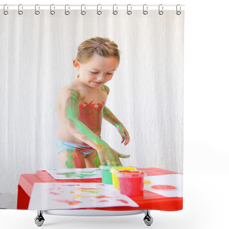 Personality  Little Girl Body Painting Herself With Finger Paints Shower Curtains