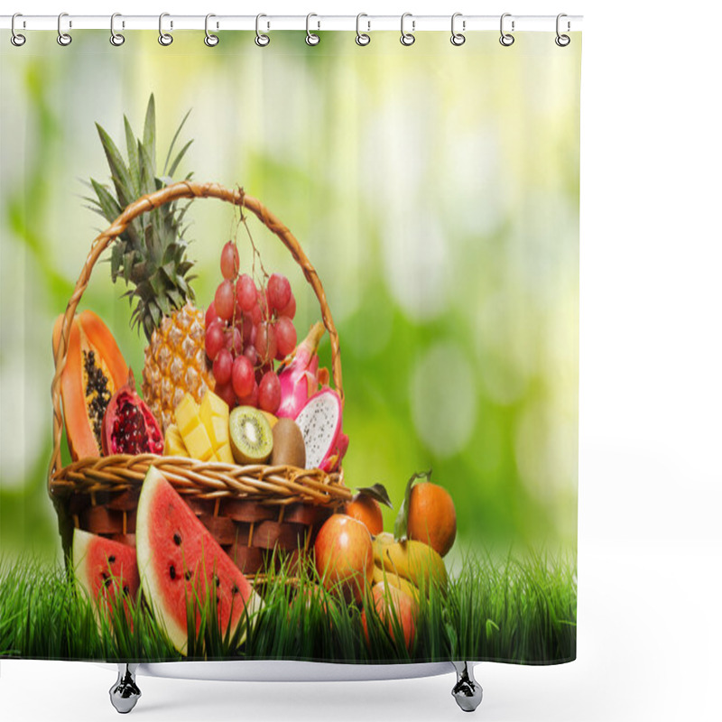 Personality  Basket Of Tropical Fruits On Green Grass Shower Curtains