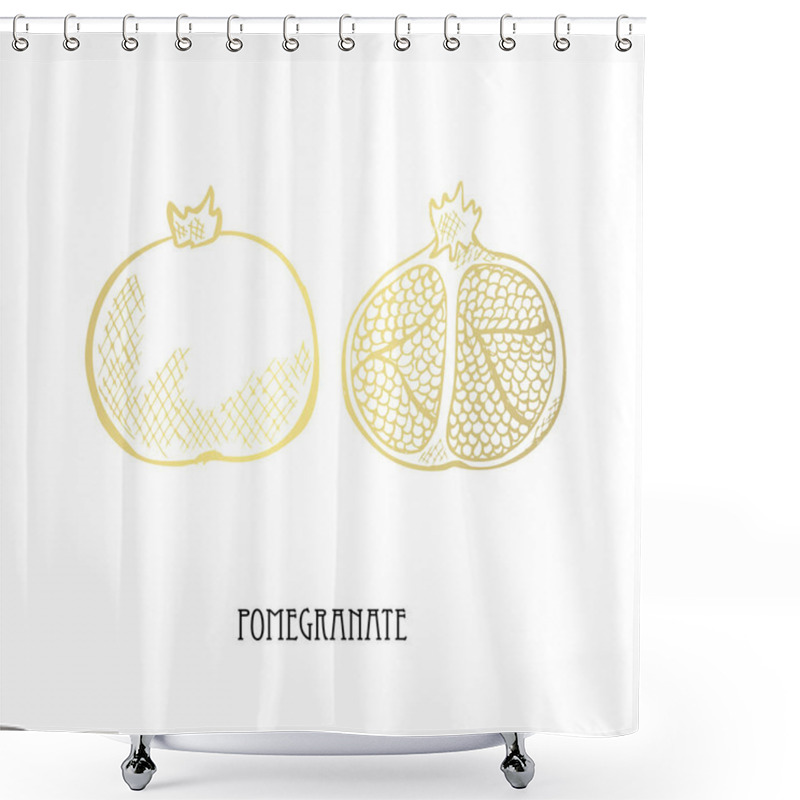 Personality  Hand Drawn Golden Pomegranate, Design Element. Can Be Used For Cards, Invitations, Scrapbooking, Print, Fabric, Manufacturing, Food Themes. Food Theme. Golden Fruits Shower Curtains